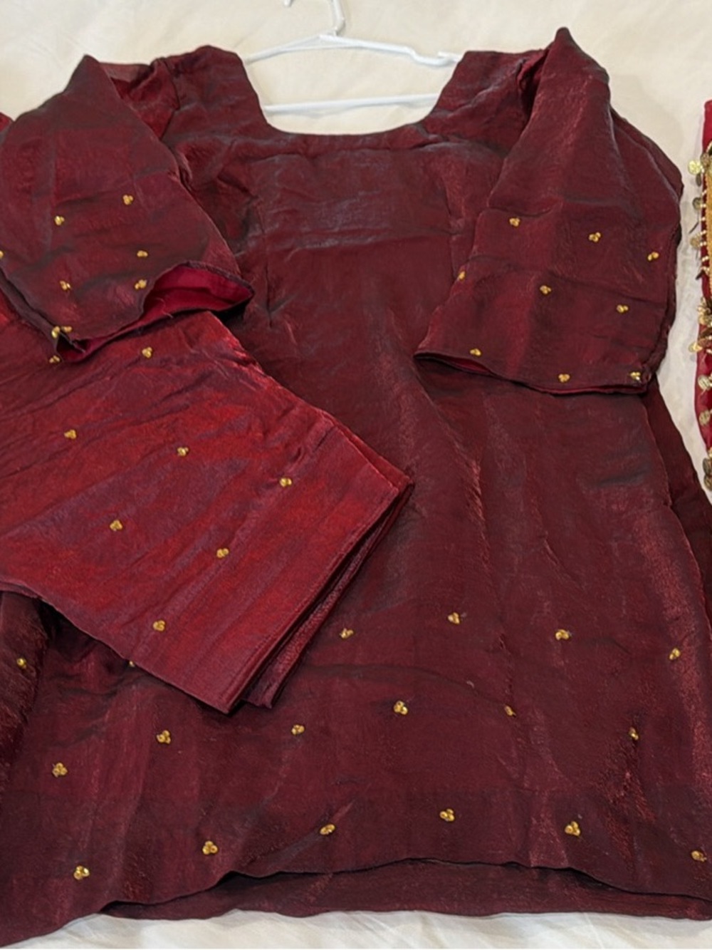 Maroon Embellished Tunic Set with Gold Dot Accents